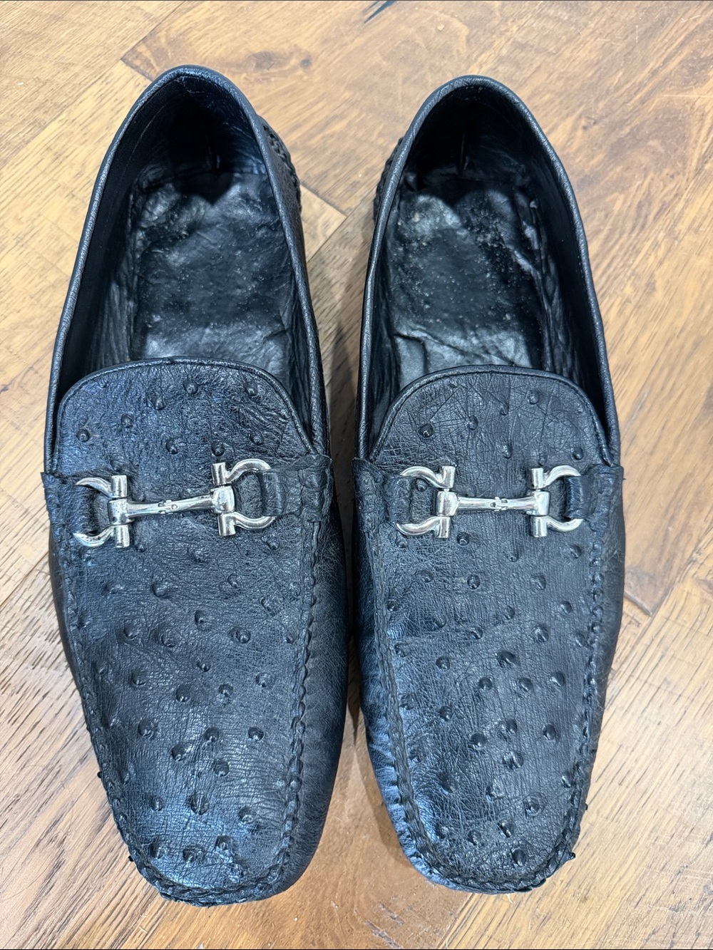 Men's Black Textured Ostrich Leather Bit Driving Loafers